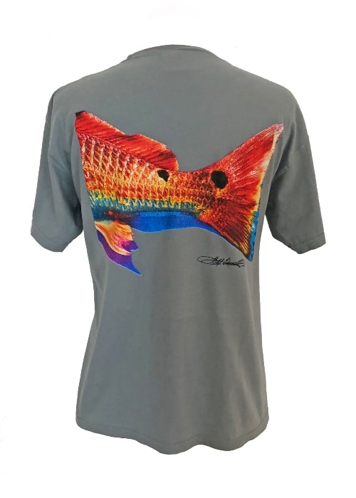 Back view of gray Double Dot Redfish Tail T-Shirt showcasing colorful redfish tail artwork, made with soft Comfort Colors cotton for fishing apparel fans.