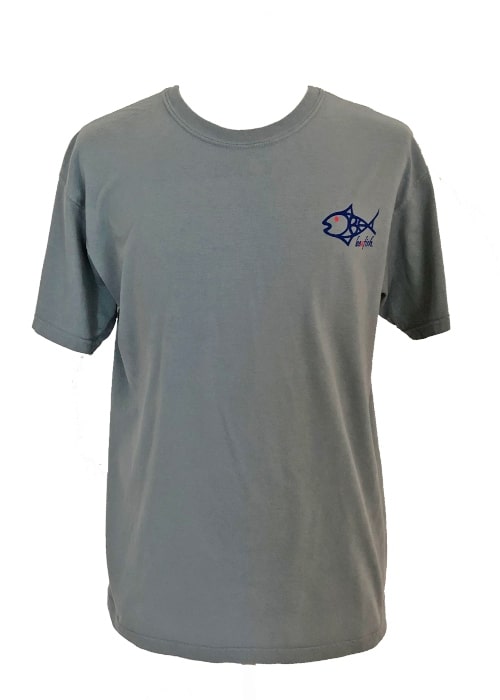 Front view of gray Double Dot Redfish Tail T-Shirt with BeAFish logo, crafted from Comfort Colors cotton for all-day comfort.