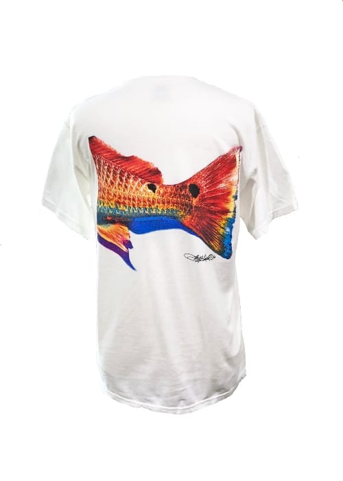 Back view of white Double Dot Redfish Tail T-Shirt featuring vibrant redfish tail artwork on soft Comfort Colors cotton, ideal for fishing enthusiasts.