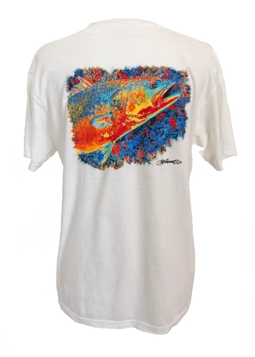 White Comfort Colors Cotton Fishing T-shirt showcasing colorful speckled trout design on the back, perfect for fishing or everyday use.