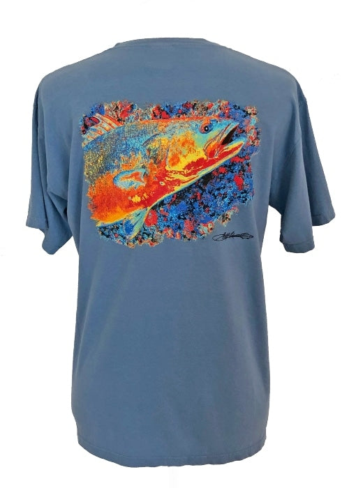 Comfort Colors Cotton Fishing T-shirt in blue featuring vibrant speckled trout artwork on the back, ideal for outdoor and casual wear.
