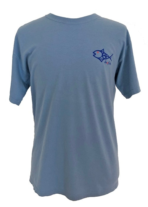 Front view of blue Comfort Colors Cotton Fishing T-shirt with BeAFish logo on chest, made for breathable comfort and style.