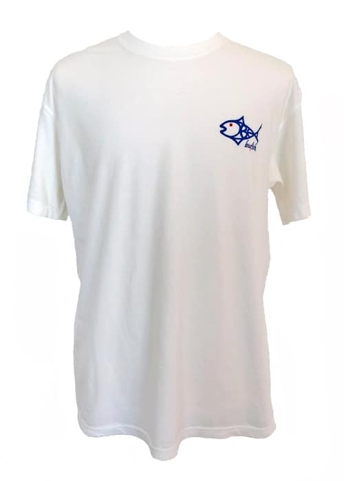 Front view of white Double Dot Redfish Tail T-Shirt with small BeAFish logo on chest, made from soft Comfort Colors cotton for casual wear.