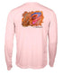 Back view of Caribbean Iguana Kids and adults Performance Fishing Shirt UPF 50+ in light pink with colorful iguana graphic and long sleeves.
