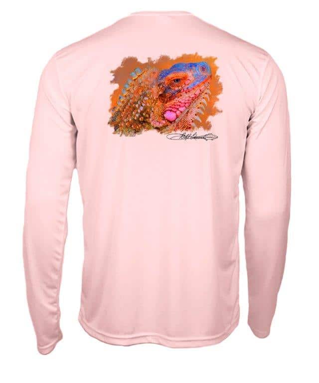 Back view of Caribbean Iguana Kids and adults Performance Fishing Shirt UPF 50+ in light pink with colorful iguana graphic and long sleeves.