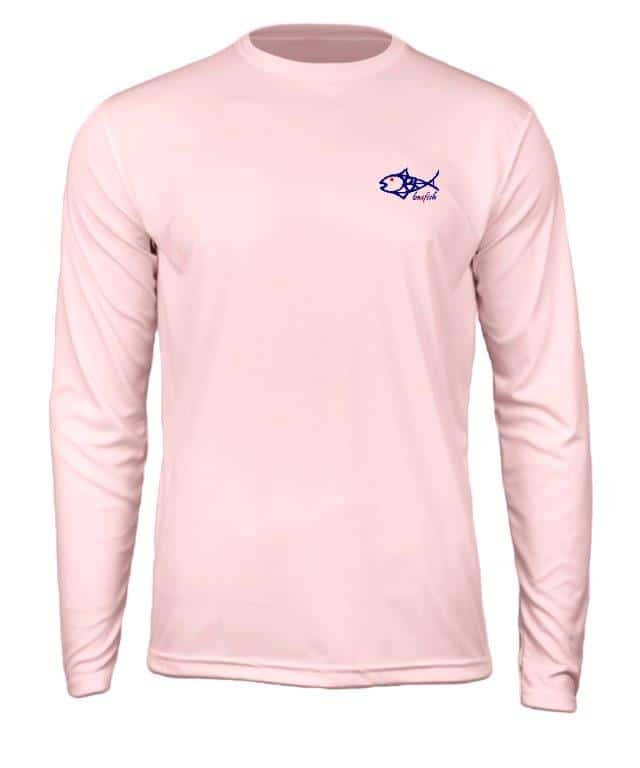 Front view of Caribbean Iguana Kids and adults Performance Fishing Shirt UPF 50+ in light pink featuring a small blue fish logo on the chest.