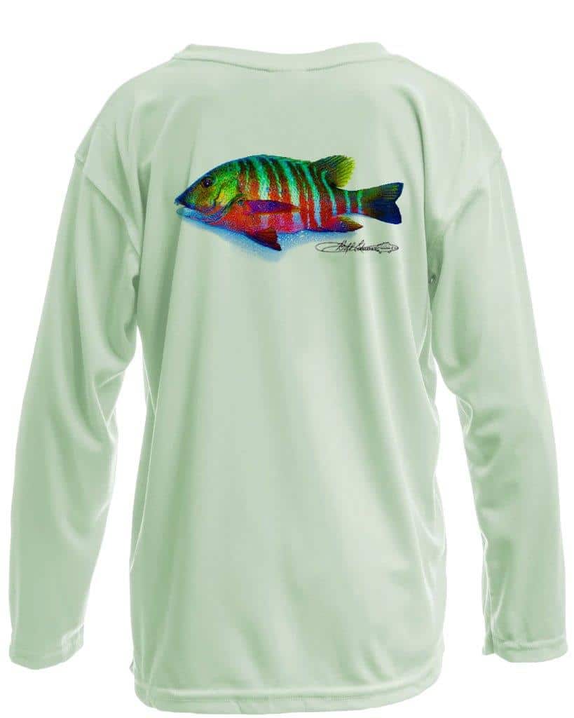 Santiago Snapper performance fishing shirt in light green with colorful snapper fish graphic on back. Features UPF 50+ sun protection and moisture-wicking fabric.