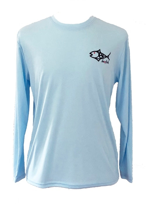 Front view of Rainbow Trout UPF 50+ Shirt with small fish logo on chest, designed for moisture-wicking comfort and sun protection.