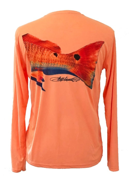 Back view of Orange Fishing Performance Shirt UPF 50+ featuring a bold redfish tail graphic and moisture-wicking fabric for sun protection.