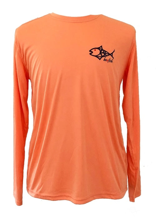 Front view of Orange Fishing Performance Shirt UPF 50+ with BeAFish logo, long sleeves, and breathable, cooling activewear design.