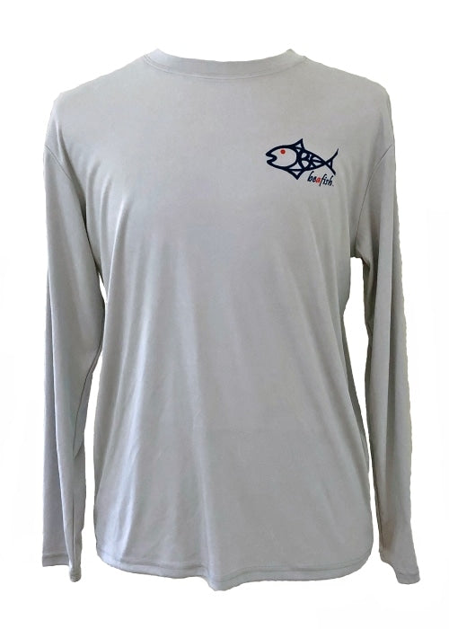 Redfish Design Fishing Shirt with UPF 50 sun protection in light gray, featuring BeAFish logo on the chest. Long sleeve performance activewear top.