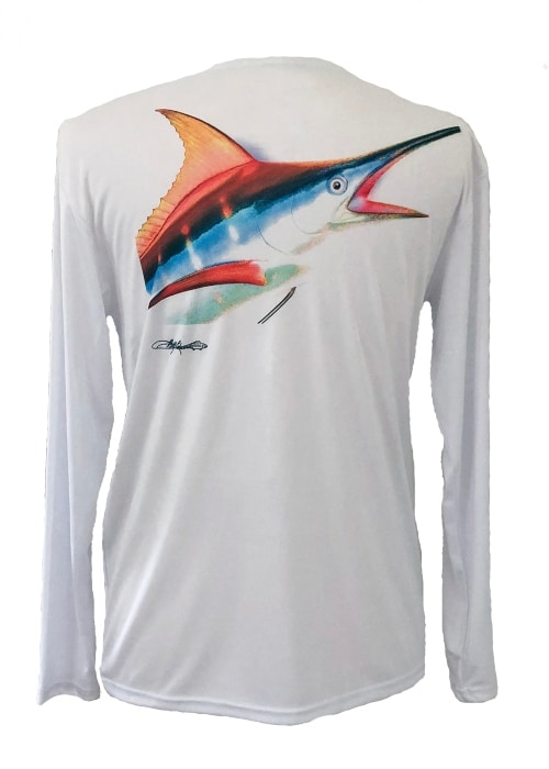 Marlin Performance Fishing Shirt with UPF 50 sun protection featuring vibrant Bill Edwards marlin artwork on back. Long sleeve white activewear top.