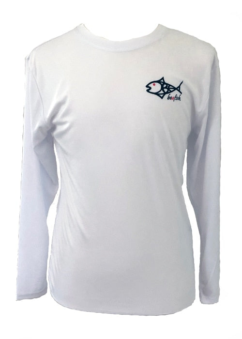 White Marlin Performance Fishing Shirt with UPF 50 sun protection, featuring long sleeves and a BeAFish logo on the chest. Ideal for outdoor fishing.