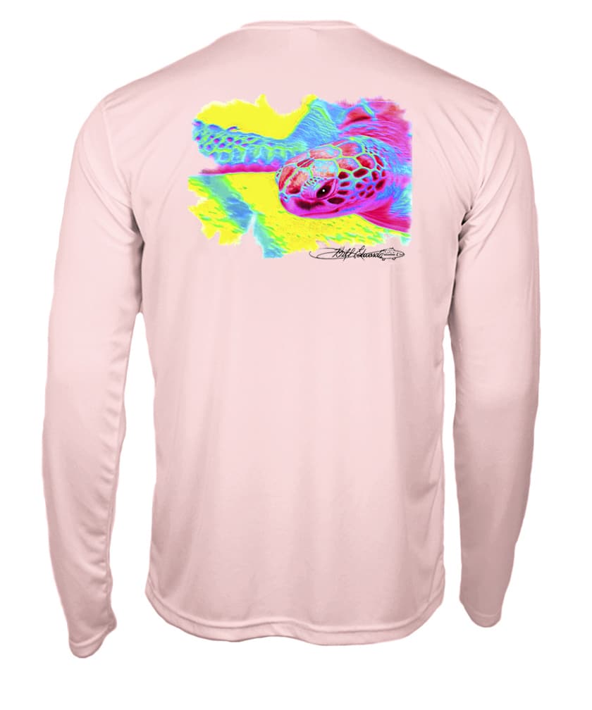 Back view of Mr. Turtlehead Kids Performance Fishing Shirt in light pink with vibrant sea turtle graphic, offering UPF 50+ sun protection.