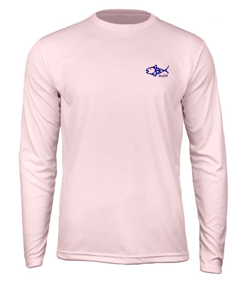 Front view of long sleeve Kids Performance Fishing Shirt in light pink featurinBeAFish logo, ideal for sun-safe outdoor play.