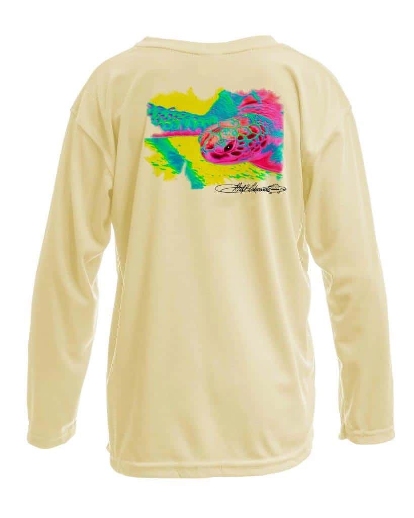 Sea Turtle Toddler Kids Performance Fishing Shirt UPF 50+ in light yellow with vibrant sea turtle graphic on back. Long sleeve, moisture-wicking design.