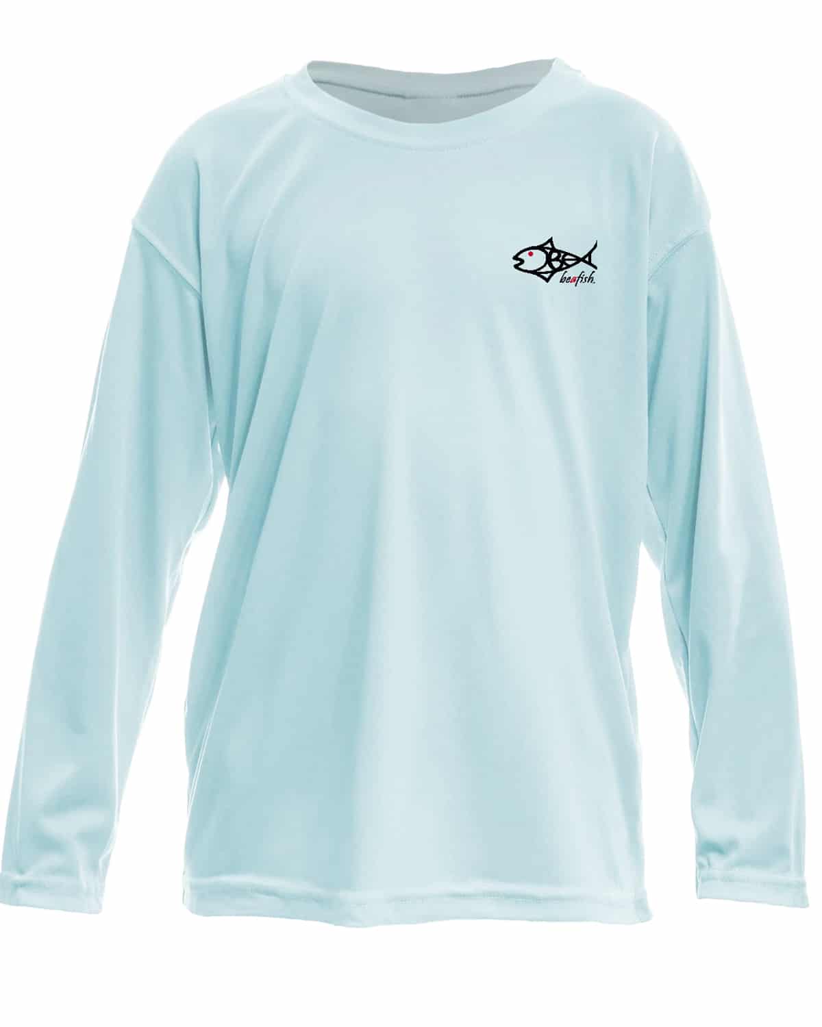 Front view of Rocky Rainbow Trout Kids Performance Fishing Shirt in light blue with BeAFish logo, offering moisture-wicking and cooling performance.