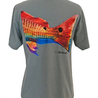 Back view of gray Double Dot Redfish Tail T-Shirt showcasing colorful redfish tail artwork, made with soft Comfort Colors cotton for fishing apparel fans.