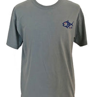 Front view of gray Double Dot Redfish Tail T-Shirt with BeAFish logo, crafted from Comfort Colors cotton for all-day comfort.