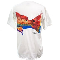 Back view of white Double Dot Redfish Tail T-Shirt featuring vibrant redfish tail artwork on soft Comfort Colors cotton, ideal for fishing enthusiasts.