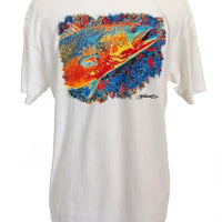 White Comfort Colors Cotton Fishing T-shirt showcasing colorful speckled trout design on the back, perfect for fishing or everyday use.