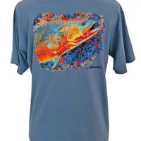 Comfort Colors Cotton Fishing T-shirt in blue featuring vibrant speckled trout artwork on the back, ideal for outdoor and casual wear.