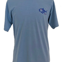 Front view of blue Comfort Colors Cotton Fishing T-shirt with BeAFish logo on chest, made for breathable comfort and style.