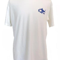 Front view of white Double Dot Redfish Tail T-Shirt with small BeAFish logo on chest, made from soft Comfort Colors cotton for casual wear.