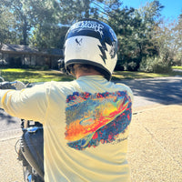 Motorcyclist wearing Speckled Trout UPF 50+ Fishing Shirt with bold trout artwork, combining casual style with sun protection.