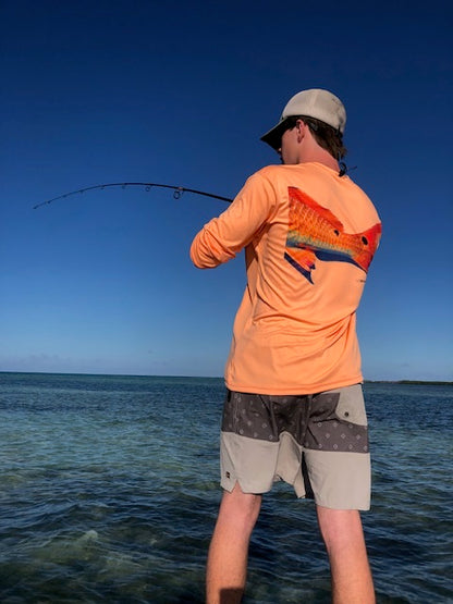Redfish Tail on Orange Performance Fishing Shirt | UPF 50+ Sun Protecting