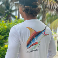 Back view of man wearing Marlin Performance Fishing Shirt with UPF 50 sun protection featuring colorful marlin artwork by Bill Edwards.