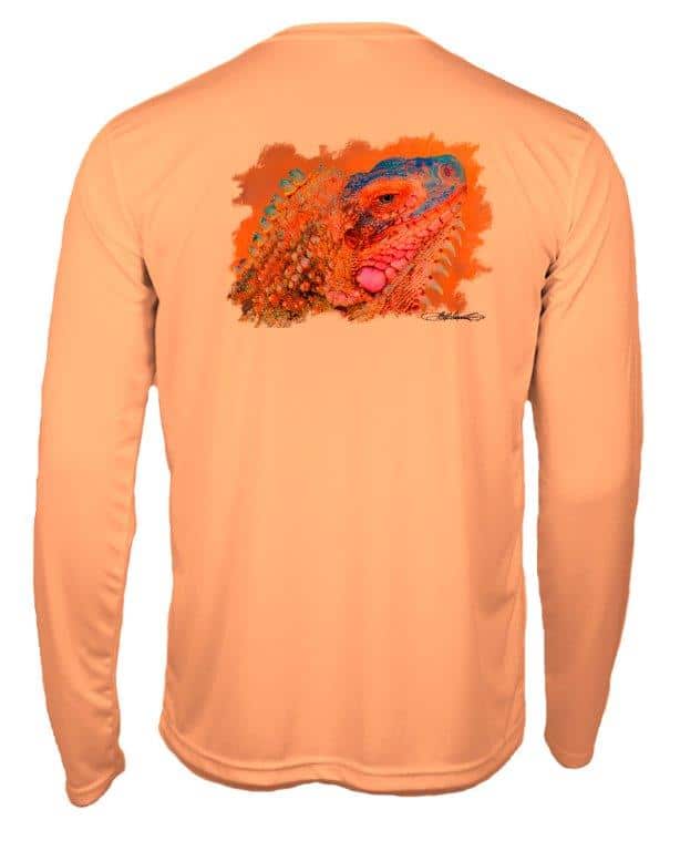 Iguana Kids UPF 50+ Fishing Performance Shirt in citrus orange with bold iguana graphic on back, offering sun protection and moisture-wicking fabric.