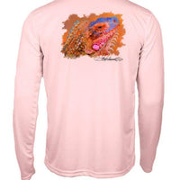Back view of Caribbean Iguana Kids and adults Performance Fishing Shirt UPF 50+ in light pink with colorful iguana graphic and long sleeves.