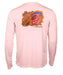Back view of Caribbean Iguana Kids and adults Performance Fishing Shirt UPF 50+ in light pink with colorful iguana graphic and long sleeves.