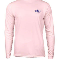 Front view of Caribbean Iguana Kids and adults Performance Fishing Shirt UPF 50+ in light pink featuring a small blue fish logo on the chest.
