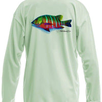 Santiago Snapper performance fishing shirt in light green with colorful snapper fish graphic on back. Features UPF 50+ sun protection and moisture-wicking fabric.