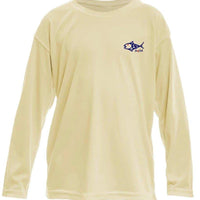 Sea Turtle Toddler Kids Performance Fishing Shirt UPF 50+ in light yellow with long sleeves and a BeAFish logo on the chest. Ideal for sun protection and moisture wicking during outdoor adventures.