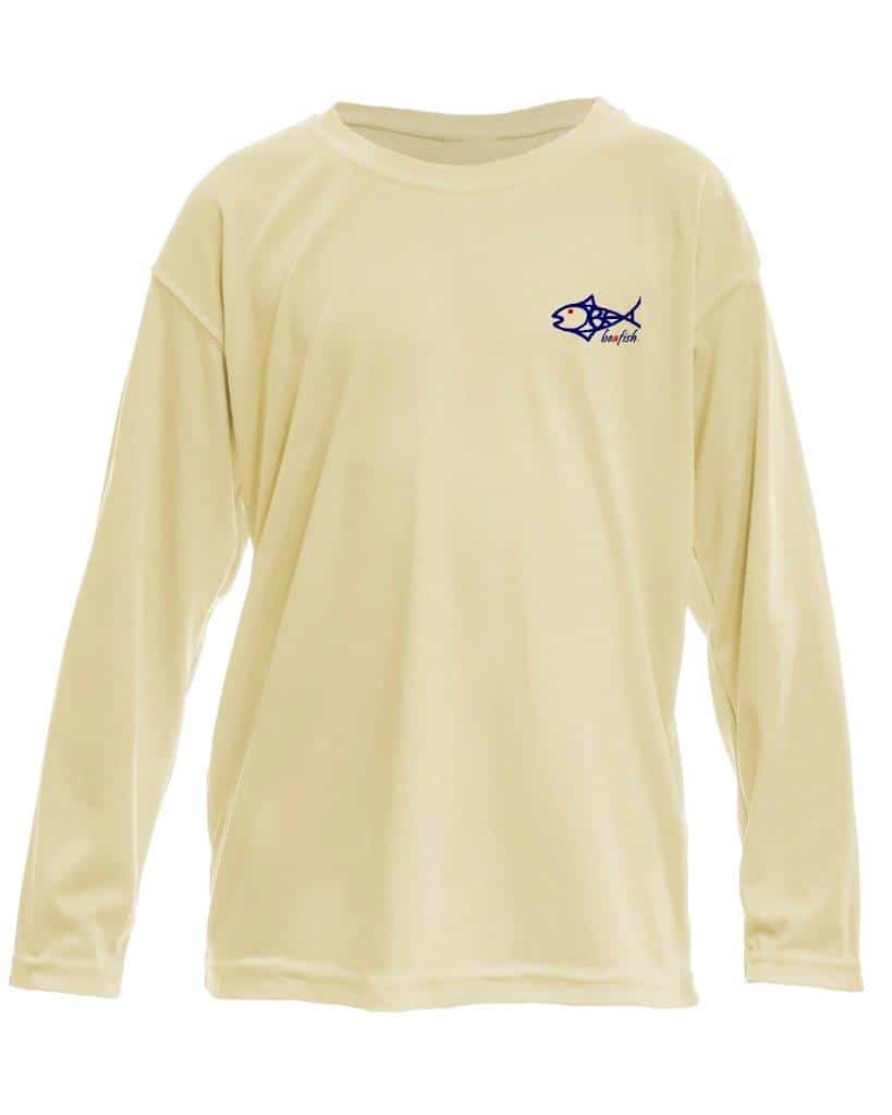 Sea Turtle Toddler Kids Performance Fishing Shirt UPF 50+ in light yellow with long sleeves and a BeAFish logo on the chest. Ideal for sun protection and moisture wicking during outdoor adventures.