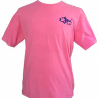Sea Turtle T-Shirt - Comfort Colors Cotton in pink with a small blue fish logo on the front. Soft cotton short sleeve for casual fishing style.