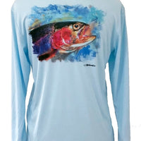 Back view of Rainbow Trout UPF 50+ Shirt featuring vivid trout artwork on light blue performance fabric for fishing and outdoor wear.