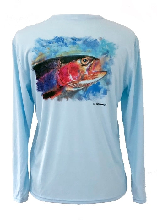 Back view of Rainbow Trout UPF 50+ Shirt featuring vivid trout artwork on light blue performance fabric for fishing and outdoor wear.