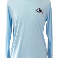 Front view of Rainbow Trout UPF 50+ Shirt with small fish logo on chest, designed for moisture-wicking comfort and sun protection.