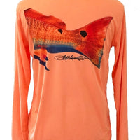 Back view of Orange Fishing Performance Shirt UPF 50+ featuring a bold redfish tail graphic and moisture-wicking fabric for sun protection.