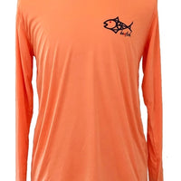 Front view of Orange Fishing Performance Shirt UPF 50+ with BeAFish logo, long sleeves, and breathable, cooling activewear design.