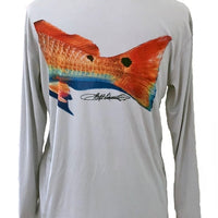 Redfish Design Fishing Shirt - UPF 50 Performance Sun Protection featuring vibrant redfish tail graphic on back. Long sleeve men's activewear top.