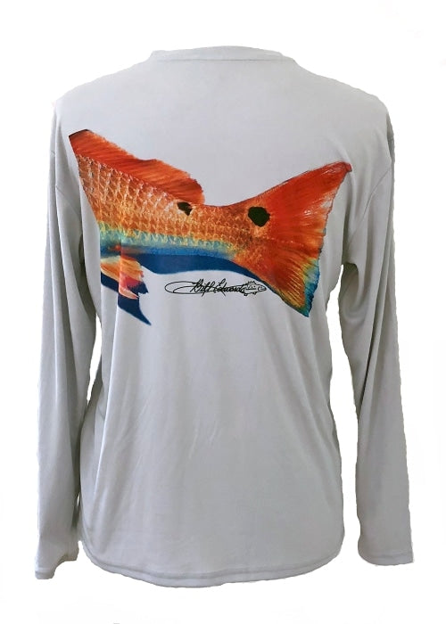 Redfish Design Fishing Shirt - UPF 50 Performance Sun Protection featuring vibrant redfish tail graphic on back. Long sleeve men's activewear top.