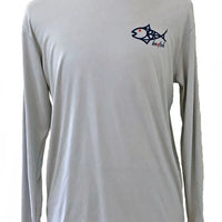 Redfish Design Fishing Shirt with UPF 50 sun protection in light gray, featuring BeAFish logo on the chest. Long sleeve performance activewear top.