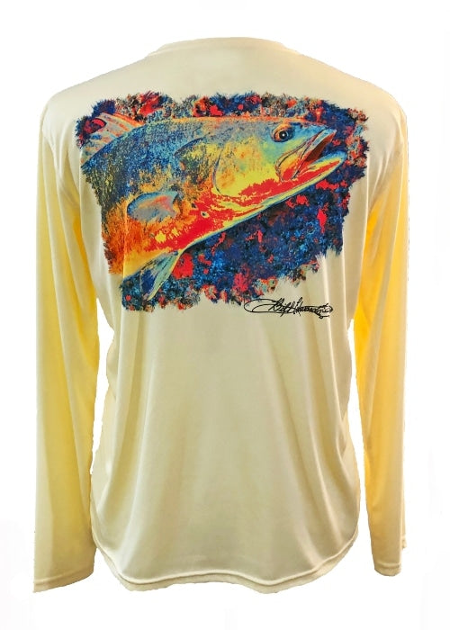 Back view of Speckled Trout UPF 50+ Fishing Shirt featuring vibrant trout artwork, ideal for sun protection and performance fishing.