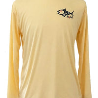 Front view of Speckled Trout UPF 50+ Fishing Shirt in light yellow with tribal trout logo, designed for moisture-wicking and comfort.