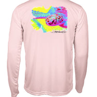 Back view of Mr. Turtlehead Kids Performance Fishing Shirt in light pink with vibrant sea turtle graphic, offering UPF 50+ sun protection.